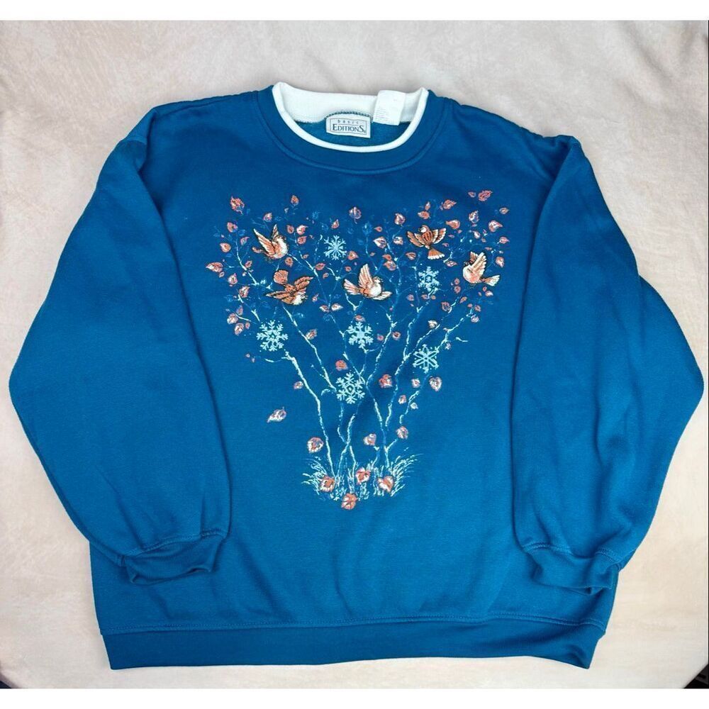 Vintage 1990s Cottagecore Sweatshirt Size M/L Birds Floral Basic Editions